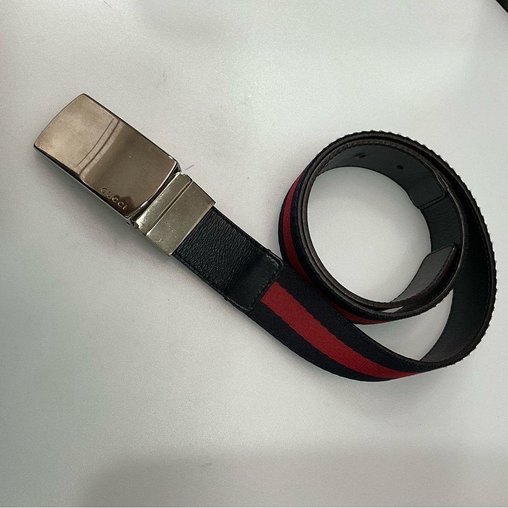 Gucci Navy Red Web Stripe Belt Black Leather Silver Buckle Unisex Size 90